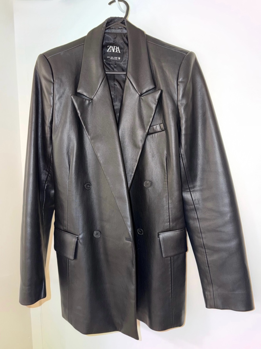 ZARA Black Faux Leather Double-Breasted Blazer